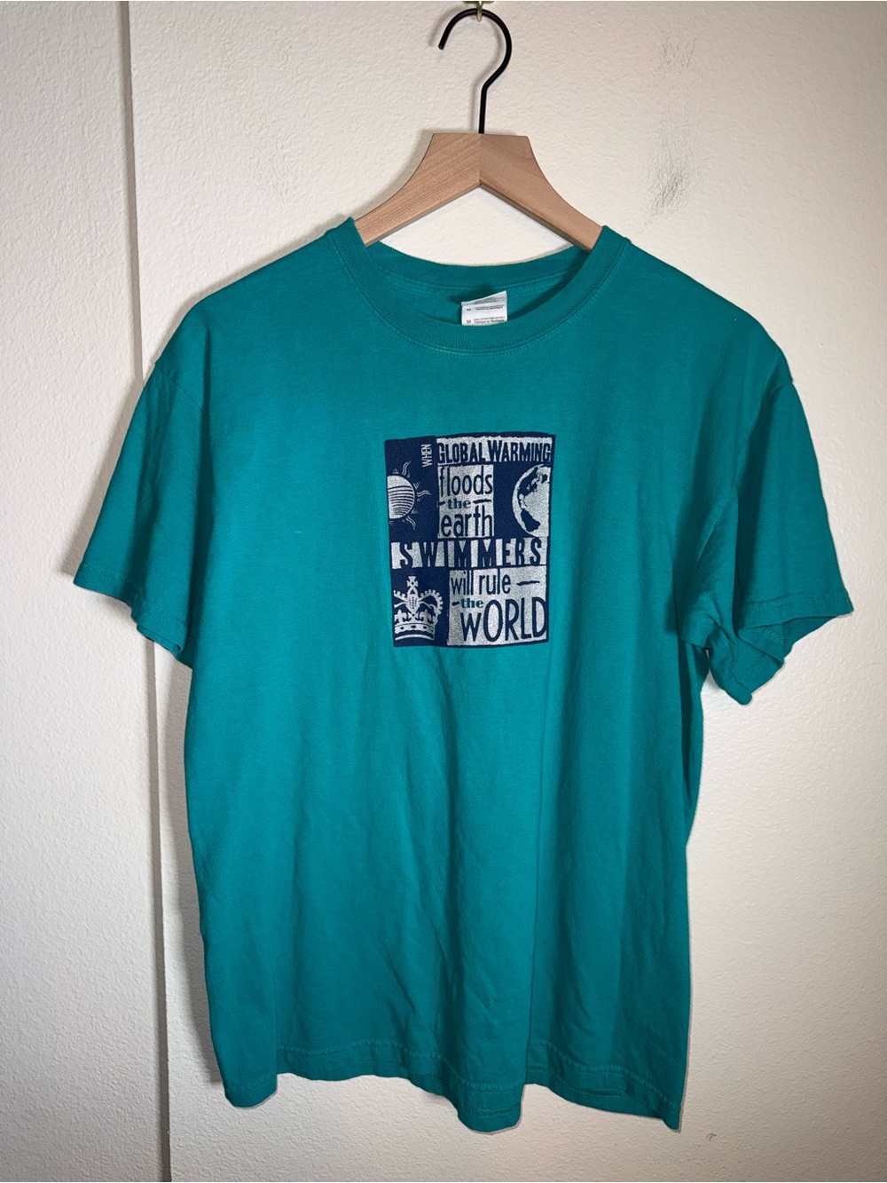 1990s VINTAGE Graphic Global Warming Swimmers Teal Cotton Tshirt M